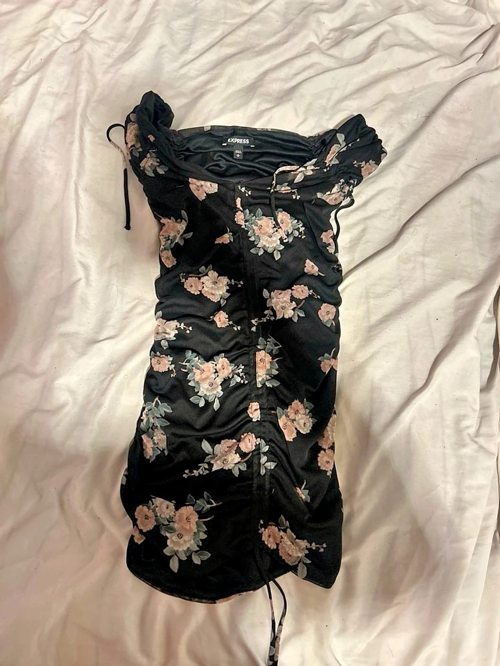 Express Floral Ruched Mini Dress in Black & Pink Like New